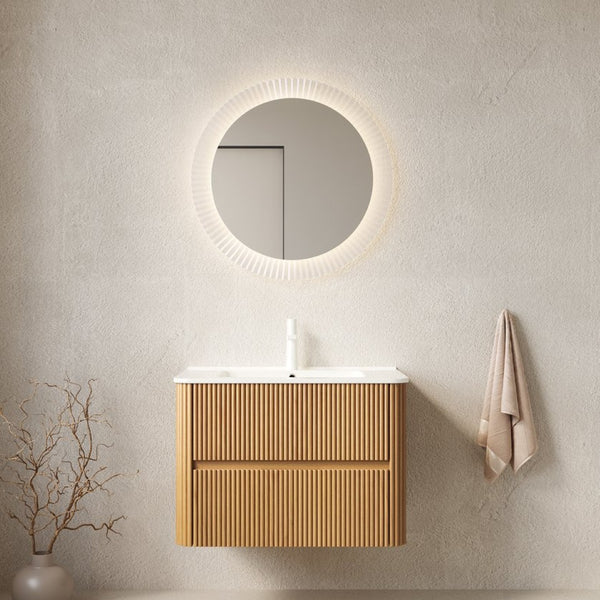 English Elm Noor Oak Veneer Floating Bathroom Vanity with Grooved Plywood Cabinet and Ceramic Basin W2615P380401