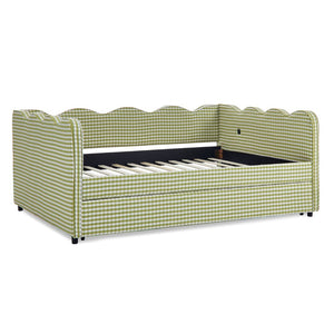 English Elm Full Size Gingham Linen Daybed with Wave Backrest Trundle and Usb Charging Port Green W1413S00139