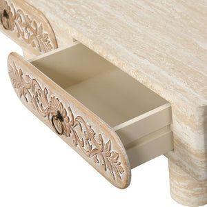 English Elm Rounded Edge Coffee Table Solid Wood Engraved Drawer Modern Living Room Storage W3040P428686