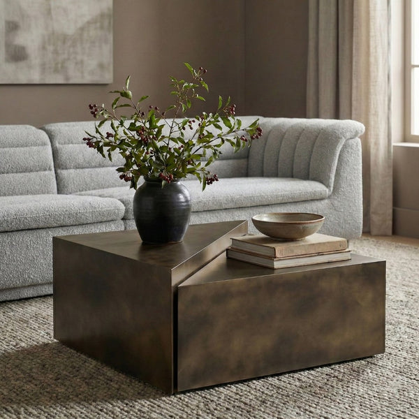 Meridian Furniture Zani Geometric Iron Coffee Table with Antique Sculptural Finish for Industrial Living Rooms Brown 131Brown-CT17