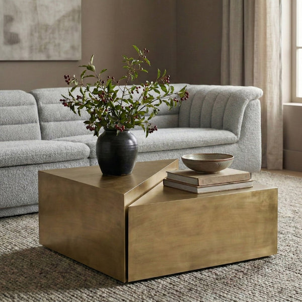 Meridian Furniture Zani Geometric Iron Coffee Table with Antique Sculptural Finish for Industrial Living Rooms Gold 131Gold-CT17
