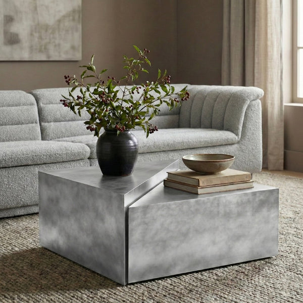 Meridian Furniture Zani Geometric Iron Coffee Table with Antique Sculptural Finish for Industrial Living Rooms Silver 131Silver-CT17
