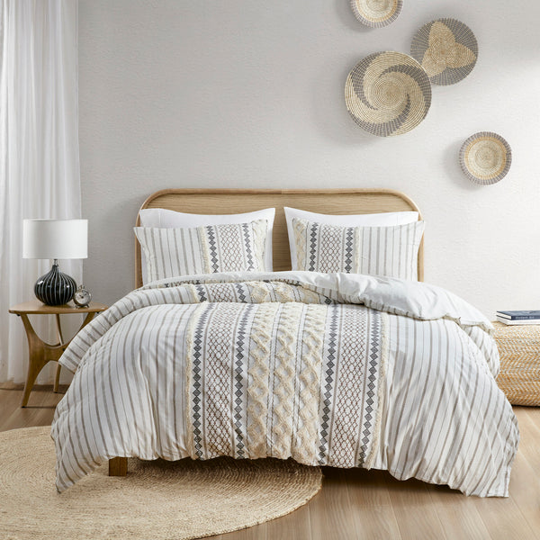 English Elm King/Cal King Imani Cotton Duvet Cover Mini Set with Tufted Chenille Geometric Print, OEKO-TEX B03596528