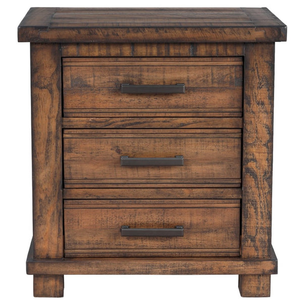 English Elm Rustic Reclaimed Pine Three Drawer Nightstand with Wrought Iron Pulls Farmhouse Bedroom N701P455591D