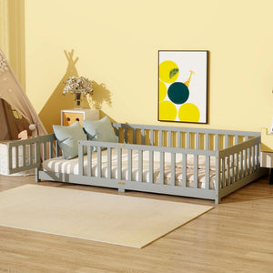 English Elm Full Size Rubberwood Floor Bed with Safety Guardrails and Latching Door for Toddlers Grey W504P429296