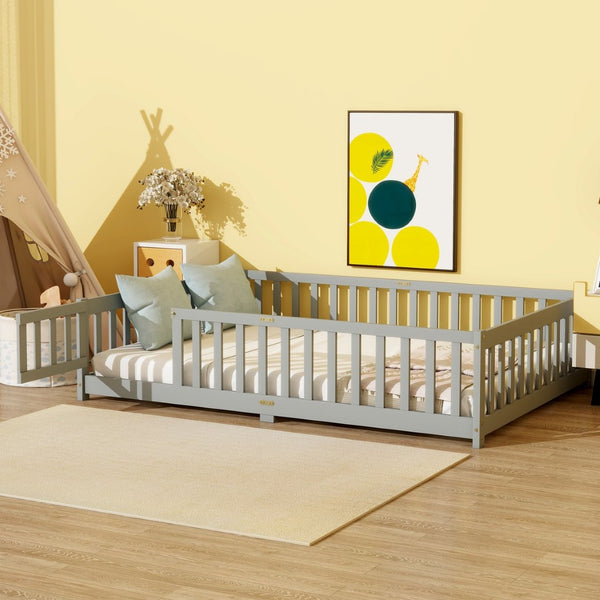 English Elm Full Size Rubberwood Floor Bed with Safety Guardrails and Latching Door for Toddlers Grey W504P429296