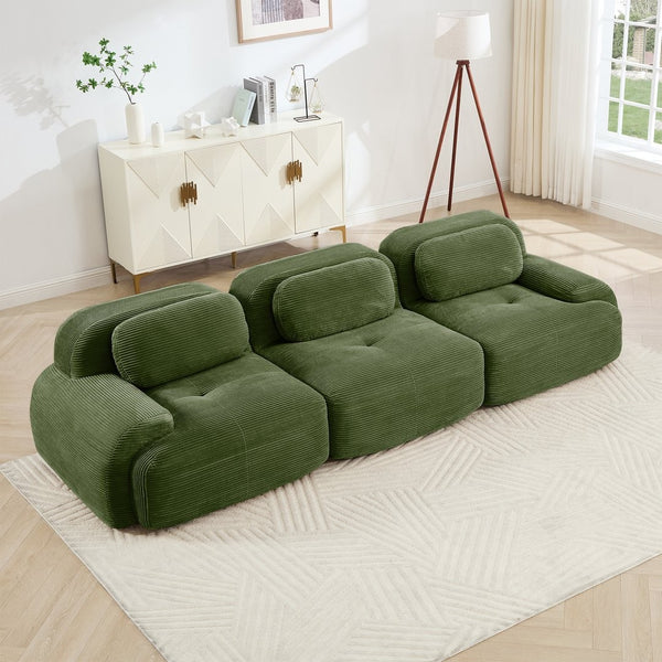 English Elm 3-seat Modular Corduroy Sectional Sofa Ergonomic Curved Design for Living Rooms Olive Green W714S01257