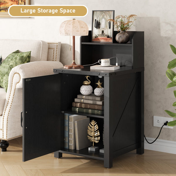 English Elm OKD Farmhouse Nightstand with Built-In Charging Station, Barn Door Accent, Adjustable Storage Shelf and Sturdy Frame Black W1550P311285