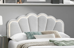 English Elm White Queen Wool Fabric Platform Bed with Scalloped Tufted Headboard, LED Lighting, Fully Upholstered Elegance B011P238976