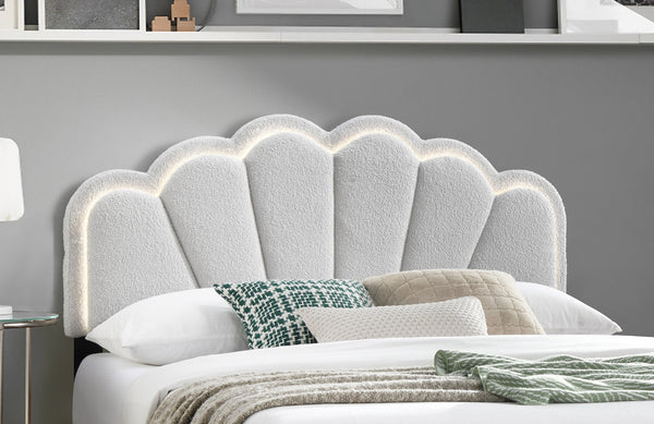 English Elm White Queen Wool Fabric Platform Bed with Scalloped Tufted Headboard, LED Lighting, Fully Upholstered Elegance B011P238976