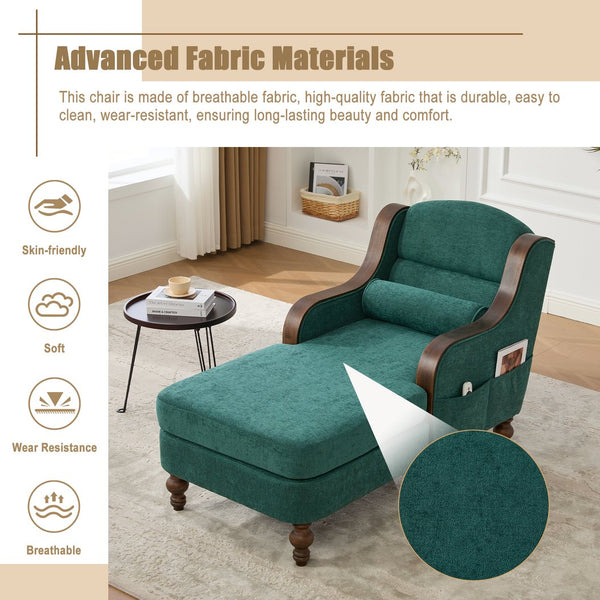 English Elm UNITED Oversized Chaise Lounge Sofa Bed with Solid Wood Arms, High-Resilience Foam, 800lb Capacity and Storage Pockets Emerald W1568S00207