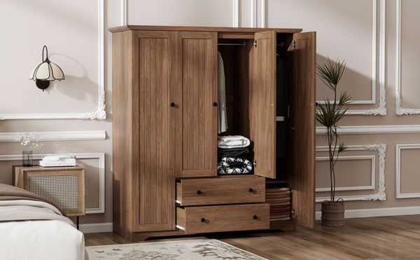 English Elm 4 Door Wardrobe Armoire Closet with 2 Drawers Rustic Pine & MDF Storage Cabinet with Shelves and Hanging Space Brown N7090001842D