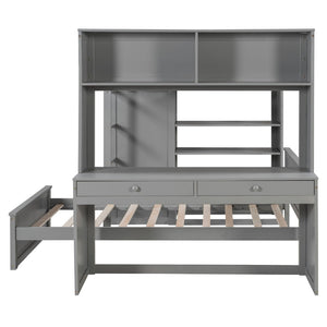 English Elm Full Twin Loft Bed with Desk Wardrobe Shelves Pine Wood Frame Kids Bedroom Gray LT000821AAE-1