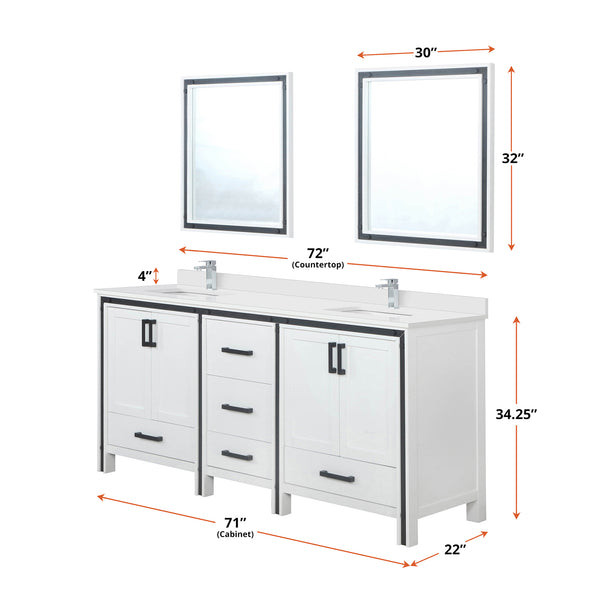 English Elm White Double Bath Vanity 72 in. W x 22 in. D with White Quartz Top, Chrome Faucets & 30" Mirrors Durable Finish and Scratch-Resistant Surface for Long-Lasting Use B2731S01129