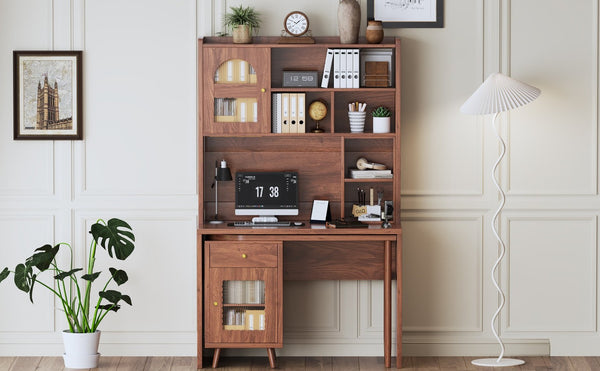 English Elm Computer Desk with Rotating Extension Panel Walnut Finish Glass Cabinets Home Office N733S363716D