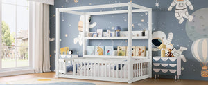 English Elm Twin House Floor Bed with Door and Full-Length Guardrails, Solid Wood Double Twin Floor Bed for Kids' Playful Rooms Light White W1580P359327
