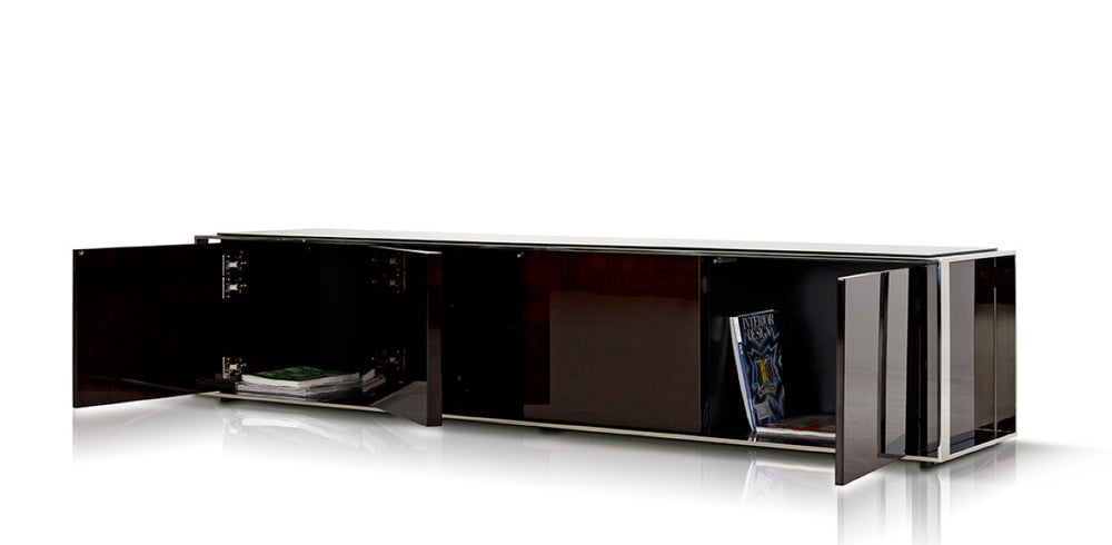 VIG Furniture Noble High-Gloss Ebony Lacquer Tv Console With Stainless Steel Trim, Push-Open Doors & Cubes VGHB131F