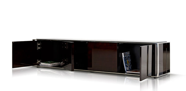 VIG Furniture Noble High-Gloss Ebony Lacquer Tv Console With Stainless Steel Trim, Push-Open Doors & Cubes VGHB131F