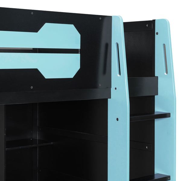 English Elm Twin Gaming Loft Bed with Desk Rgb Lighting and Multi-tier Shelves for Teen Rooms Blue LT000160AAC