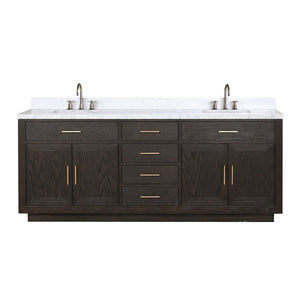 English Elm Brown Oak Double Bath Vanity With Carrara Marble Top & Faucet Set - Elegant Storage Solution For Your Bathroom B2731P257851