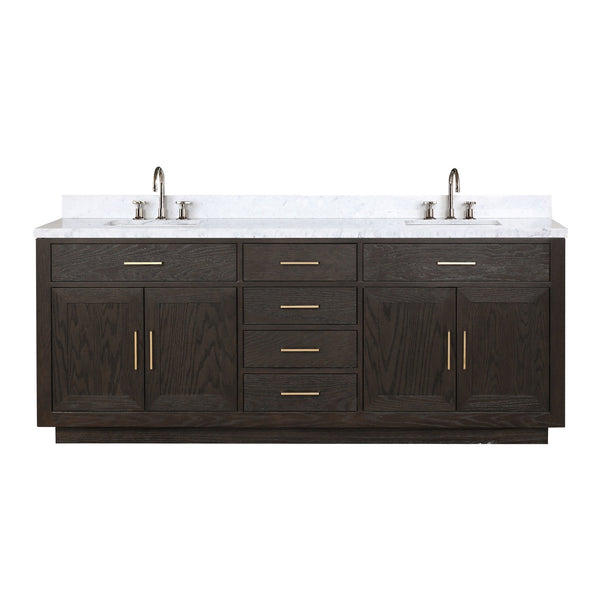 English Elm Brown Oak Double Bath Vanity With Carrara Marble Top & Faucet Set - Elegant Storage Solution For Your Bathroom B2731P257851