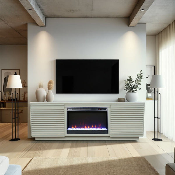 English Elm 73 Inch Fireplace TV Stand Sandstone Finish with 26" Electric Insert, Storage, Remote, Fits 85" TVs and Cable Management B108P255363