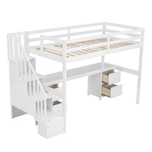 English Elm Twin Loft Bed with Built-In Desk and Double Storage Drawers, Pine & MDF Frame for Small Rooms White GX000382AAK