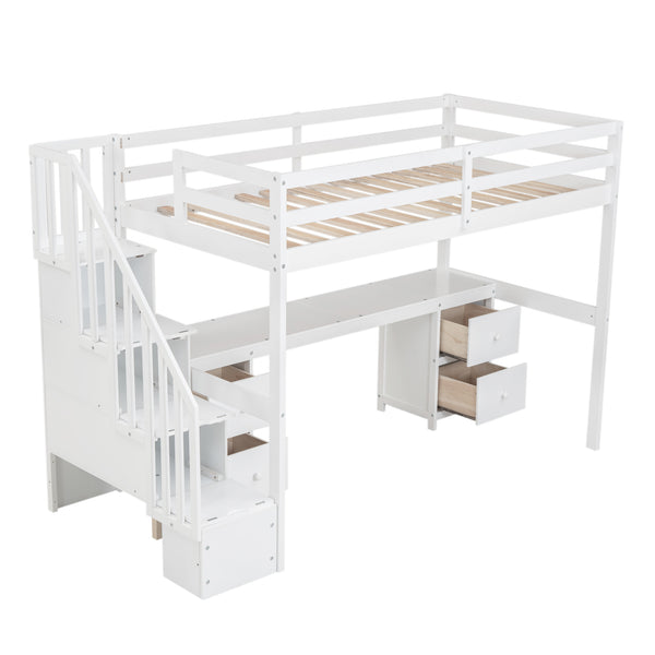 English Elm Twin Loft Bed with Built-In Desk and Double Storage Drawers, Pine & MDF Frame for Small Rooms White GX000382AAK