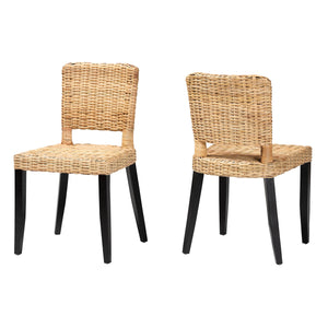 bali & pari Dermot Modern Bohemian Dark Brown Finished Wood and Natural Rattan 2-Piece Dining Chair Set