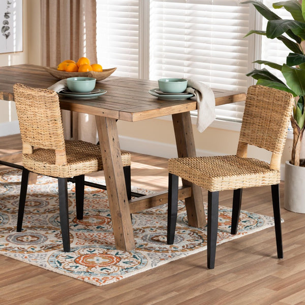 Baxton Studio bali Bali Dermot 2-Piece Dining Chair Set - Modern Bohemian Dark Brown Mango Wood & Natural Rattan Charm MD39507-Mango Wood-DC