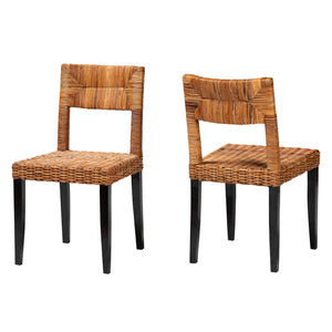 bali & pari Manrico Modern Bohemian Dark Brown Finished Wood and Natural Rattan 2-Piece Dining Chair Set