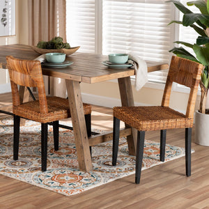 Baxton Studio bali Manrico Modern Bohemian Dining Chair Set - 2-Piece Dark Brown Wood & Natural Rattan Design MD39533-Mango Wood-DC