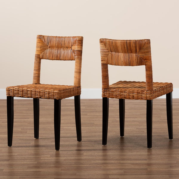 Baxton Studio bali Manrico Modern Bohemian Dining Chair Set - 2-Piece Dark Brown Wood & Natural Rattan Design MD39533-Mango Wood-DC