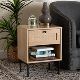 Baxton Studio Sherwin Mid-Century Modern Light Brown and Black 1-Drawer End Table with Woven Rattan Accent