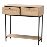 Baxton Studio Sherwin Mid-Century Modern Light Brown  and Black 2-Drawer Console Table with Woven Rattan Accent