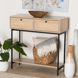 Baxton Studio Sherwin Mid-Century Modern Light Brown  and Black 2-Drawer Console Table with Woven Rattan Accent