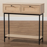 Baxton Studio Sherwin Mid-Century Modern Light Brown  and Black 2-Drawer Console Table with Woven Rattan Accent