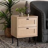 Baxton Studio Sherwin Mid-Century Modern Light Brown and Black 2-Drawer End Table with Woven Rattan Accent