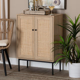 Baxton Studio Sherwin Mid-Century Modern Light Brown and Black 2-Door Storage Cabinet with Woven Rattan Accent