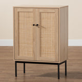 Baxton Studio Sherwin Mid-Century Modern Light Brown and Black 2-Door Storage Cabinet with Woven Rattan Accent