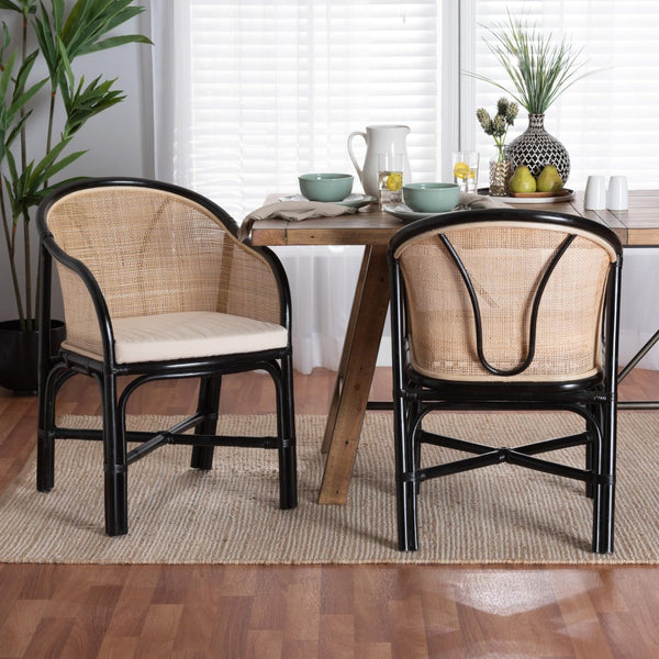Baxton Studio bali Miranda Two-Piece Dining Chair Set – Modern Bohemian Rattan with Black & Natural Finish, Fully Assembled Miranda-Rattan-DC