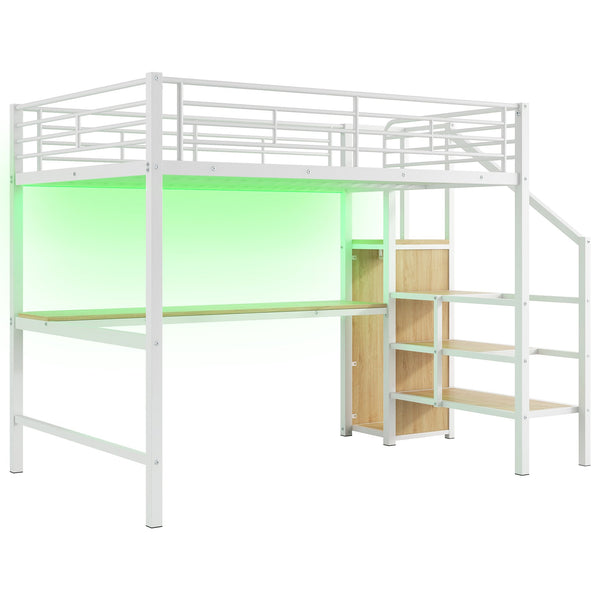 English Elm Full Size Metal Loft Bed With Desk, Storage Staircase, Wardrobe & Led Light For Small Spaces GX000620AAK-1