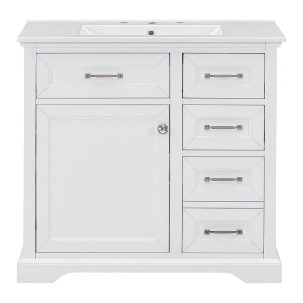 English Elm 36" Modern White Bathroom Vanity with Ceramic Undermount Sink, Heavy-Duty Storage & Soft-Close Drawers W2896P318472