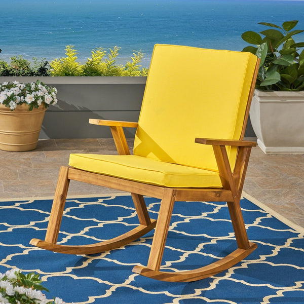 English Elm Champlain Outdoor Acacia Wood Rocking Chair with Cross-back Design and Cushions Teak+Yellow 62685.00YLW