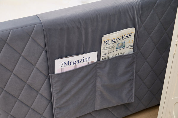 English Elm Grey velvet daybed with diamond-grid pull-out trundle, modern velvet finish, sturdy wooden frame for guest-ready style W1361S00032