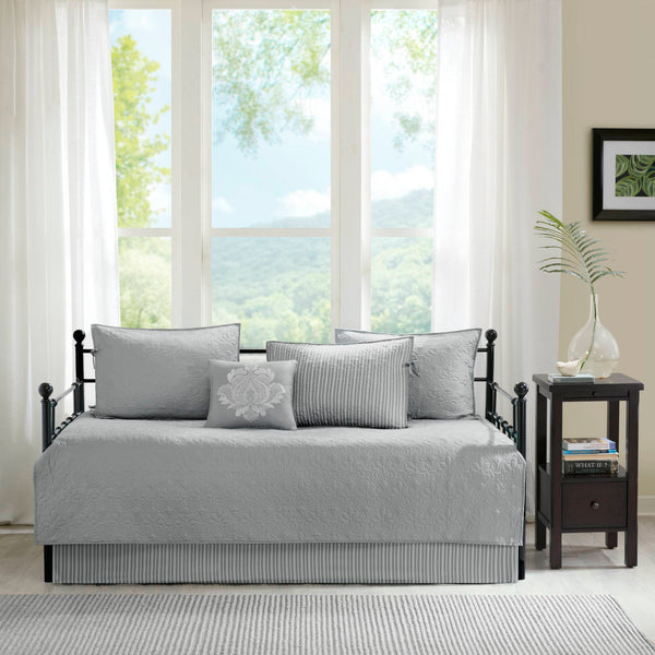 JLA Home Madison Park - 6 Reversible Daybed Cover Set with Antimicrobial Protection, Quilted Texture, Striped Skirt & Pillow Grey MP13-4970