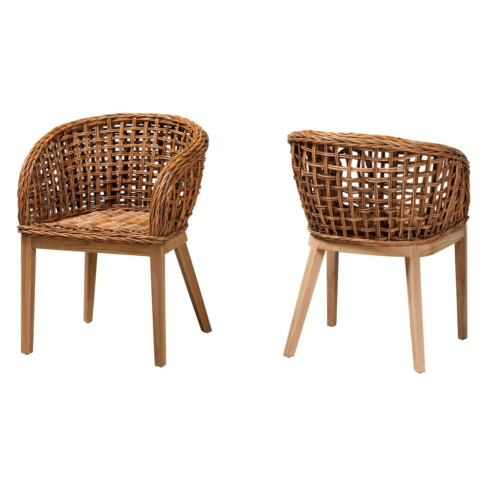 Baxton Studio bali Bali Mario 2-Piece Dining Chair Set - Modern Bohemian Teak & Rattan, Natural Finish, Ergonomic Design Mario-Rattan-DC