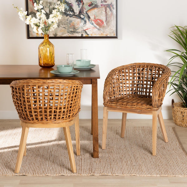 Baxton Studio bali Bali Mario 2-Piece Dining Chair Set - Modern Bohemian Teak & Rattan, Natural Finish, Ergonomic Design Mario-Rattan-DC