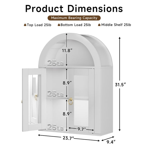 English Elm Wall Mounted Arched Cabinet Tempered Glass Doors Led Lighting Adjustable Shelves Bathroom White T3210P471554