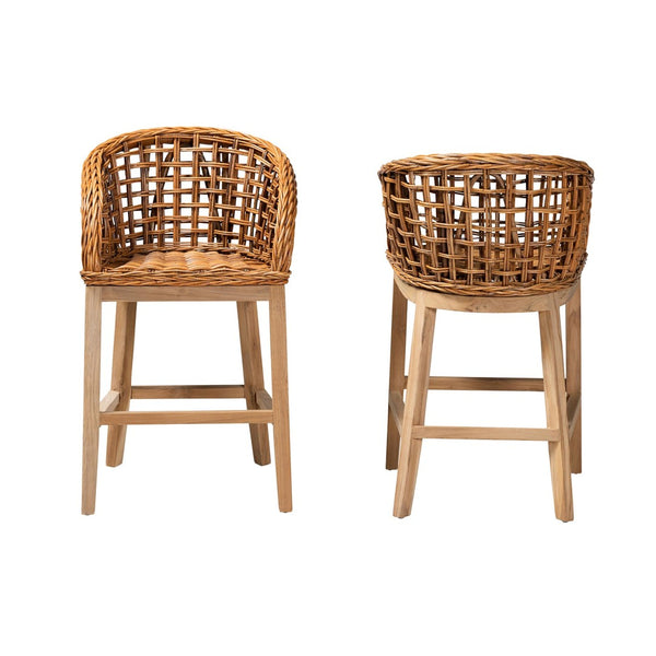 Baxton Studio bali Mario 2-Piece Modern Bohemian Counter Stool Set in Natural Teak & Rattan – Fully Assembled Comfort Mario-Rattan-BS